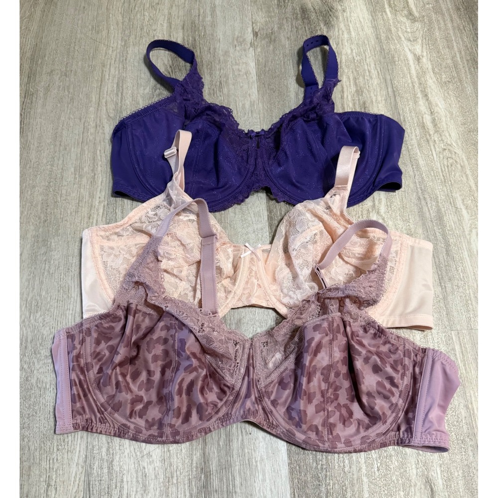 Delimira HSIA Minimizer Bra Bundle 44D Purple Peach Mauve Leopard Lace 3 Pack